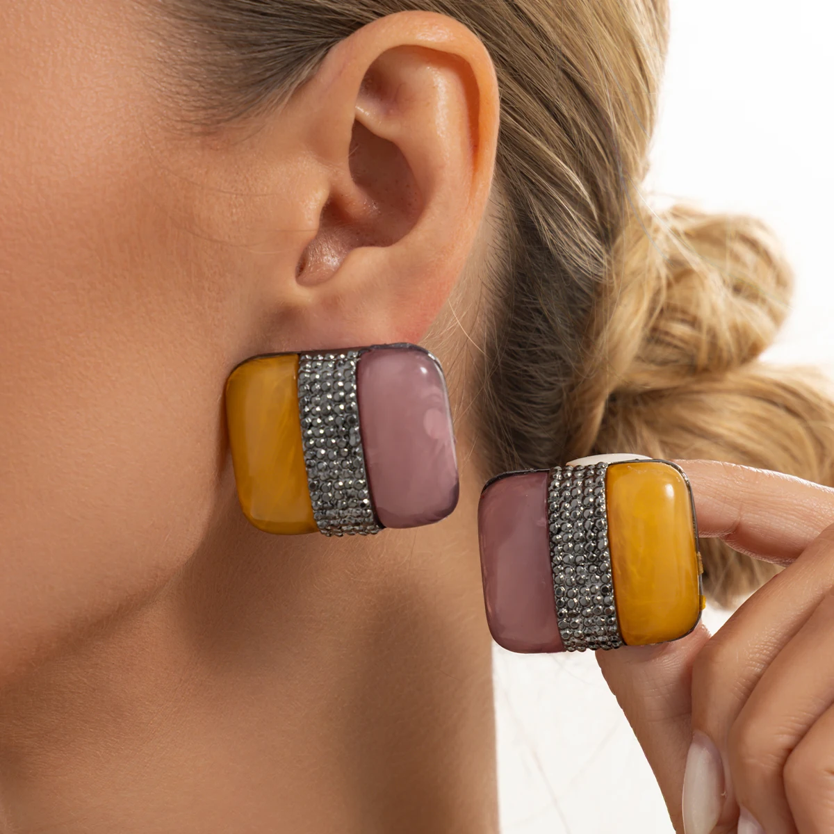 IngeSight.Z 2027 New Fashion Vintage Resin Square Stud Earrings Women Inlaid Glass Rhinestone Statement Earrings Jewelry Gifts