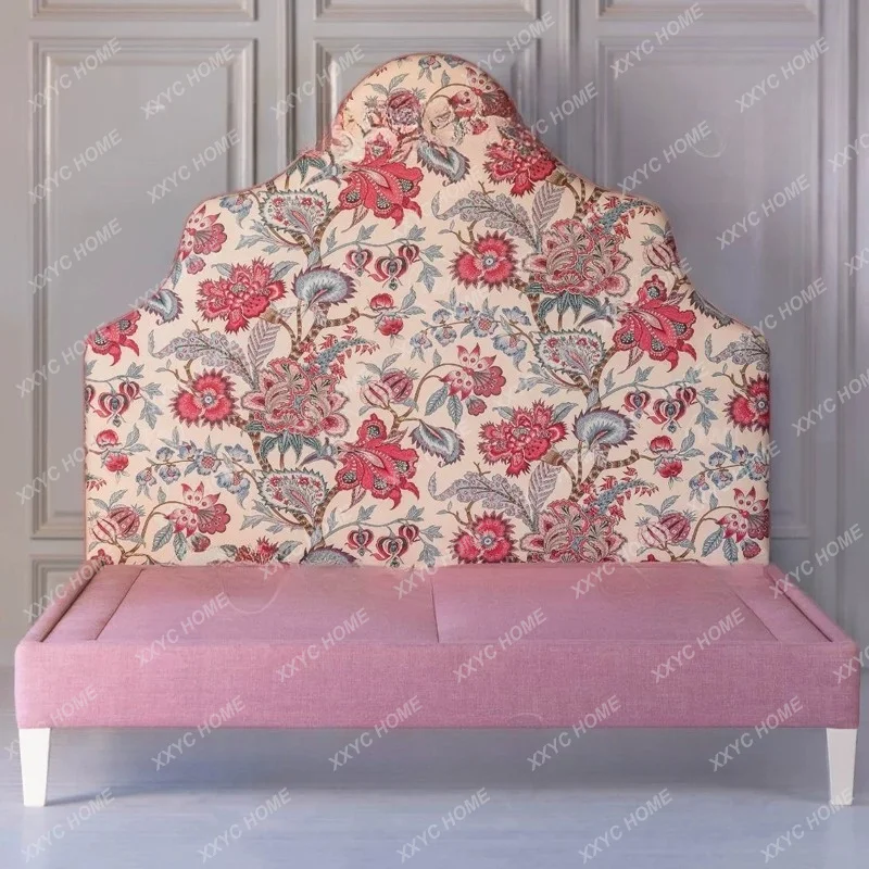 Pink Floral Print Double Bed Vintage Solid Wood Princess Bed Master Bedroom Fabric Storage Ottoman Bed