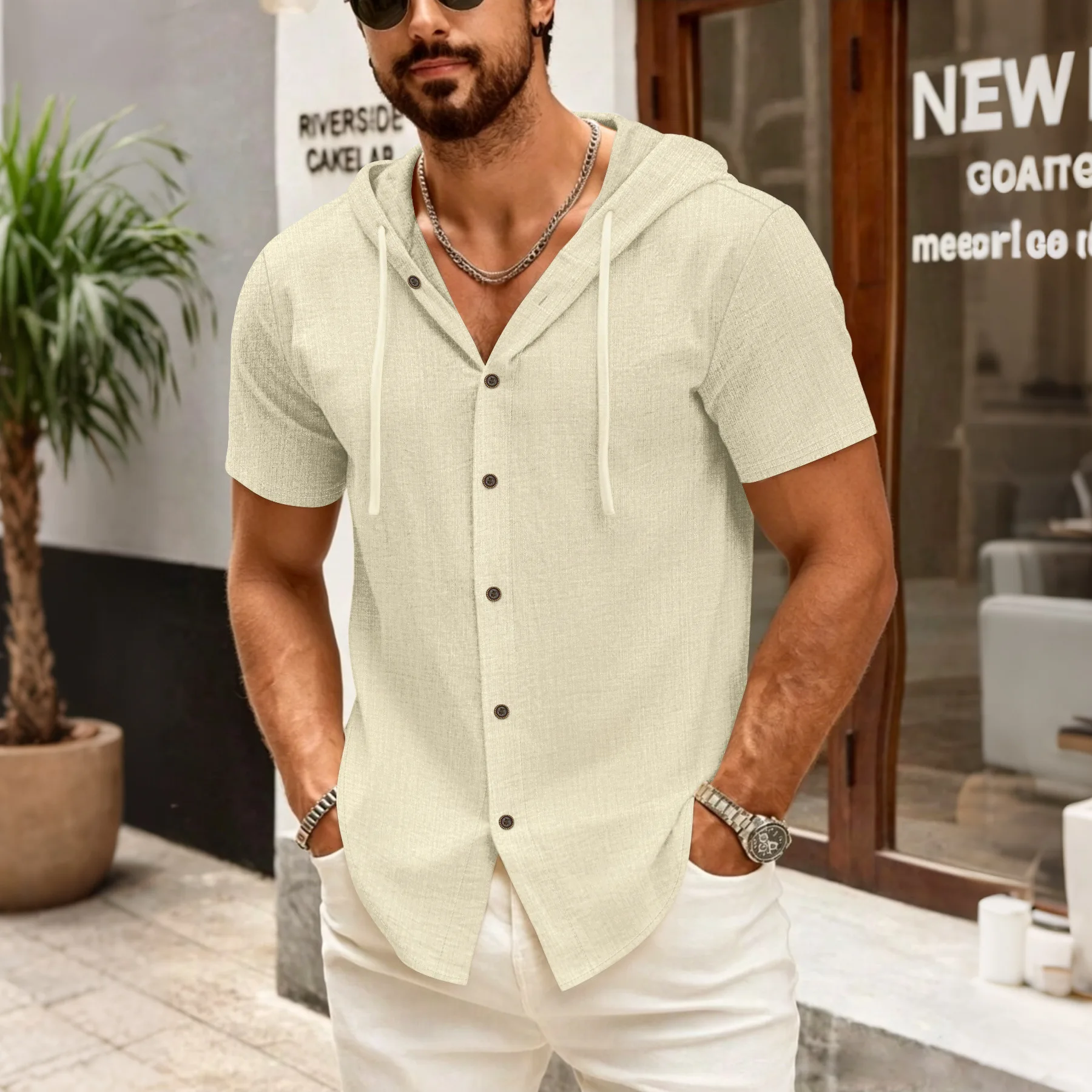 Summer men's lightweight breathable solid-color woven fabric casual loose-fitting comfortable hooded short-sleeved shirt