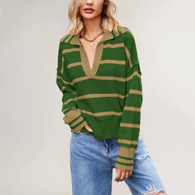 

2025 New Fall/Winter Women's New V-Neck Stripe Contrast European and American Loose Plus Size Women's Knitwear