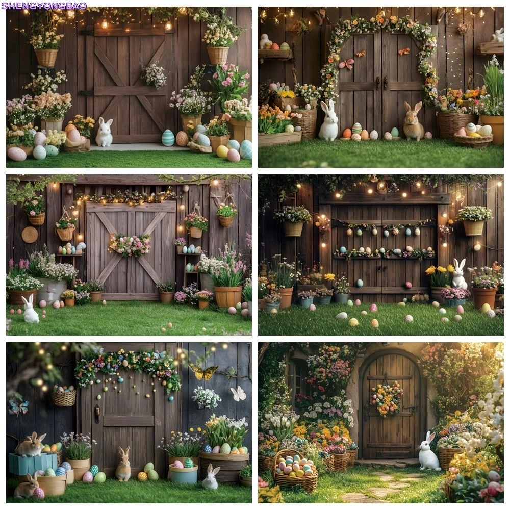 

Spring Easter Garden Wood Barn Door Backdrop Flowers Eggs Rabbits Grass Land Baby Kids Easter Portrait Photography Background