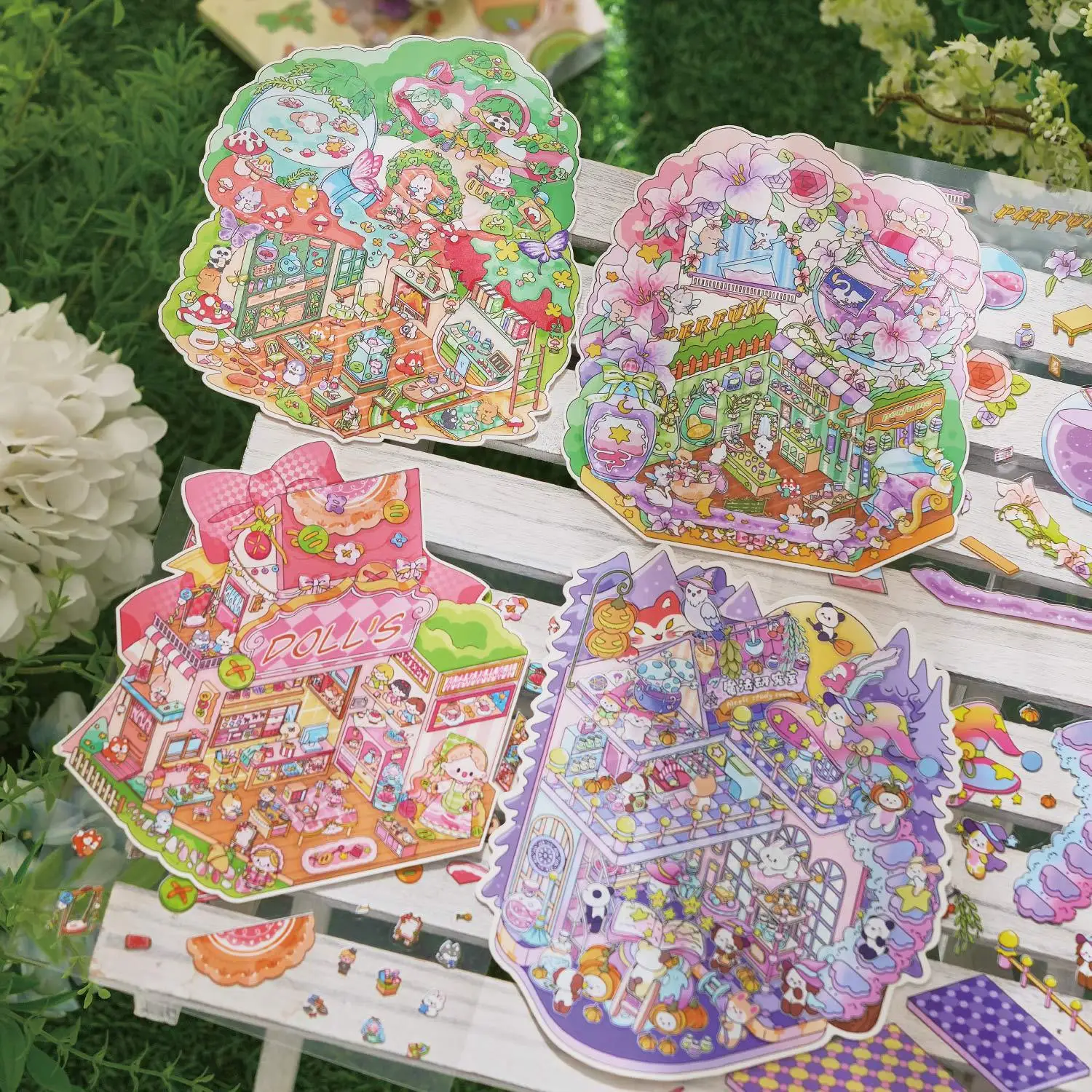JCAC Assortiment de 4 modèles d'autocollants de scènes miniatures avec pinces, pour collages créatifs DIY, loisirs, soulagement du stress et relaxation