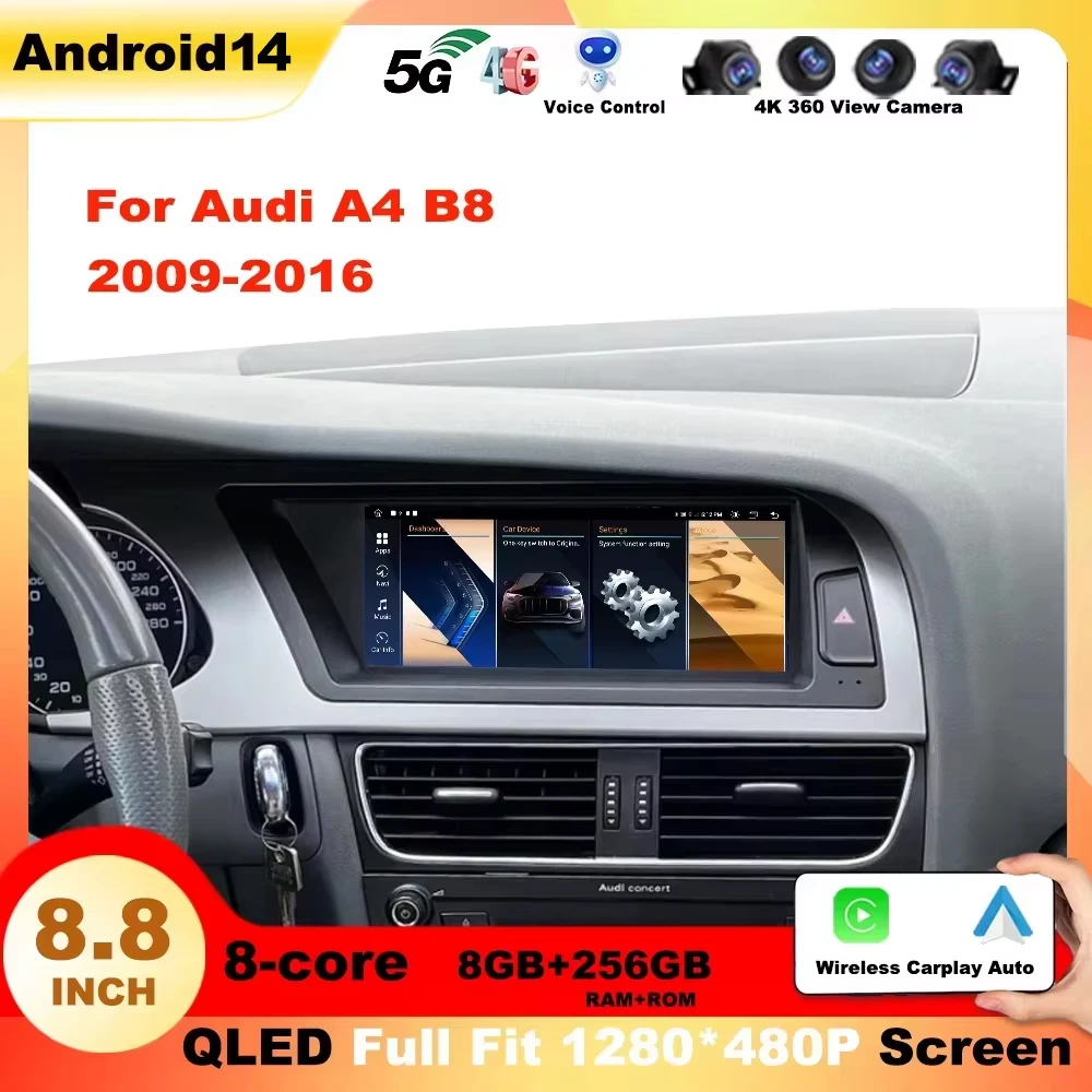 

8.8" Touch Screen Android 14 Car Multimedia car Player Carplay For Audi A4 B8 2009-2016 8 Core CPU Google GPS Stereo Head Unit