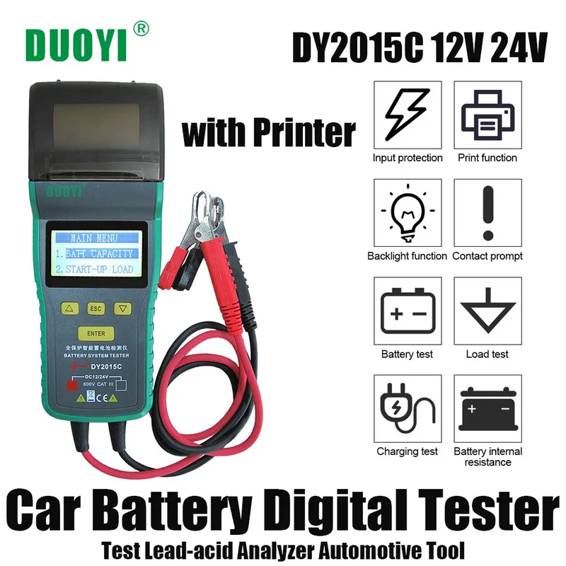 DUOYI Car Battery Digital Tester DY2015C 12V 24V Lead-acid Analyzer Automotive 100-1700CCA with Integrated Printer Portable Tool