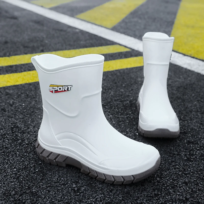 White Mid-Calf Rain Boots Women's Summer Kitchen Anti-Slip Waterproof Comfortable Working Fashion Outdoor Wet Weather Boots