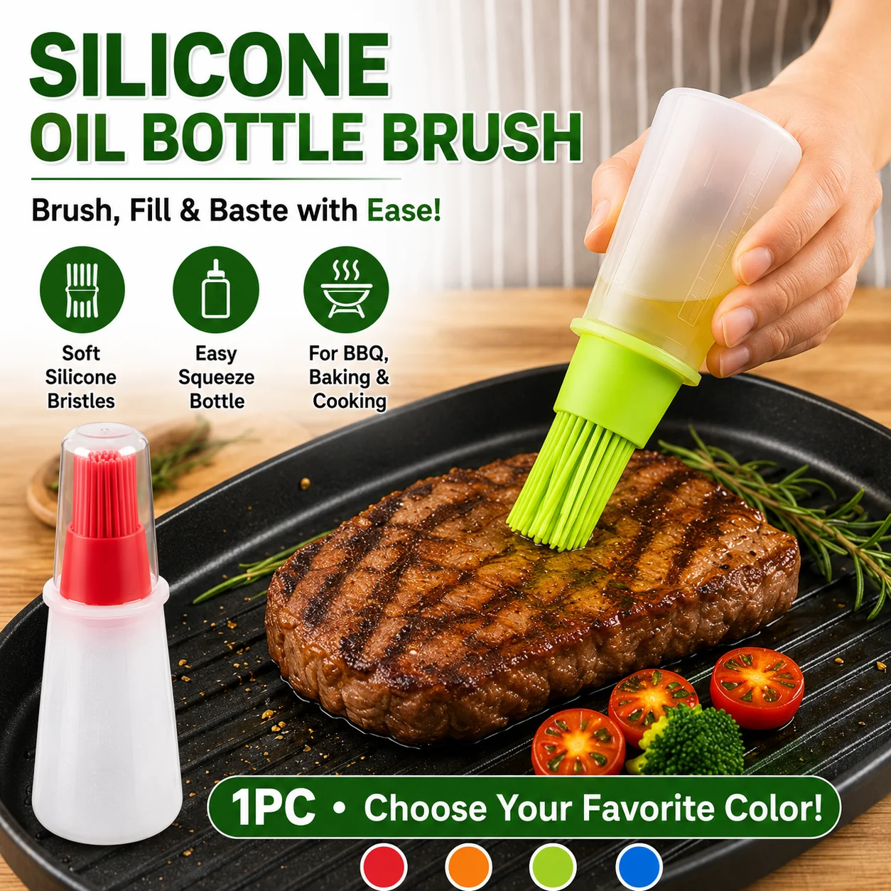 1 ud. Brocha de silicona con botella para aceite, ideal para barbacoa, repostería, miel, salsas y utensilio de cocina.
