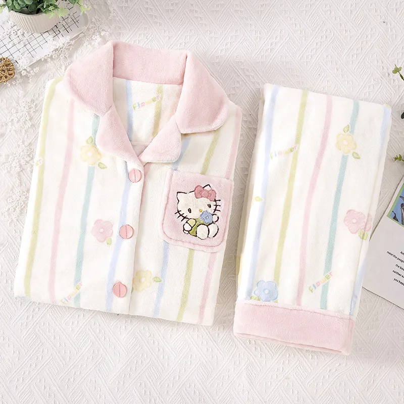 Sweet Girls Plush Pajamas Hello Kiity Female Flannel Thicken Warm Homewear Autumn Winter Long Sleeves Cardigan Lounge Clothes