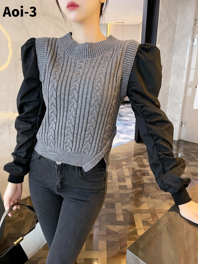 Fashion Stitching Fake Two-Piece Sweater Women 23 Autumn Winter O-Neck Puff Sleeve High Waist Pullover Irregular Hem Knitted Top