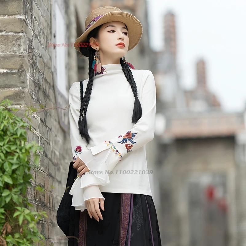 2025 chinese traditional t-shirt national flower embroidery shirt vintage hanfu tops ethnic streetwear stand collar base shirt