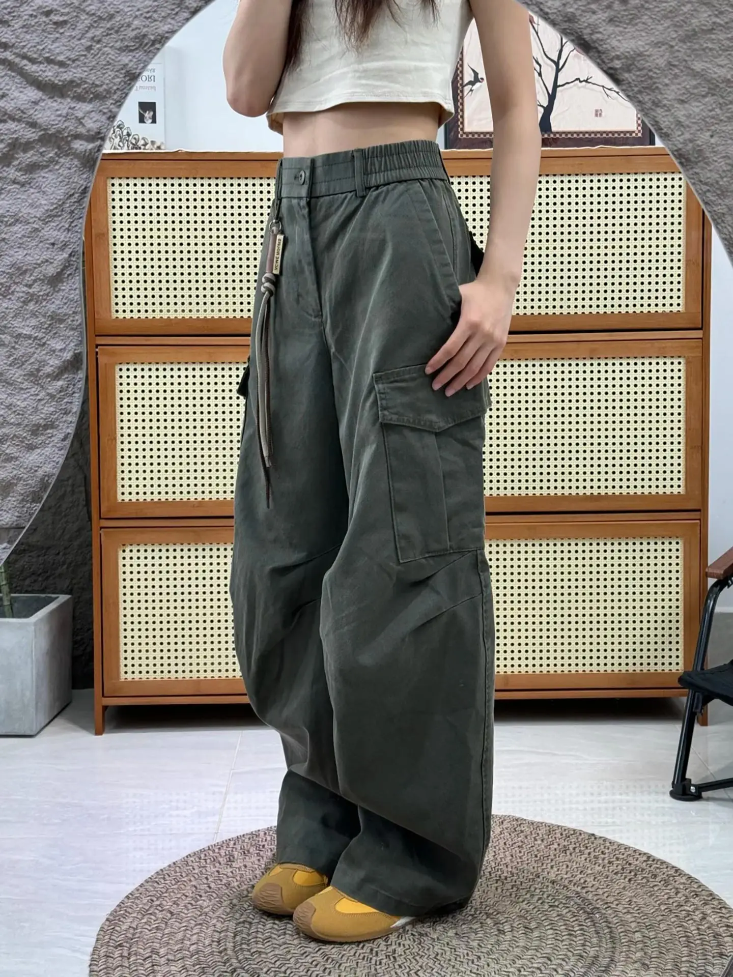 

Linen Casual Pants Loose Wide Leg Multi ket Workwear Pants Pleated High-End Feeling Micro Flared Slimming Floor-Length Pants