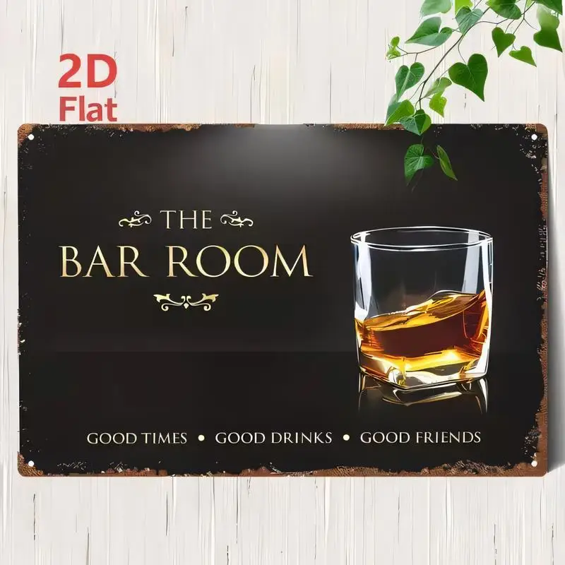 2D Flat The Bar Room Vintage Metal Tin Sign - Black Retro Wall Art w/ Whiskey Glass, Iron, Rustic Style, Perfect for Bars/Home D