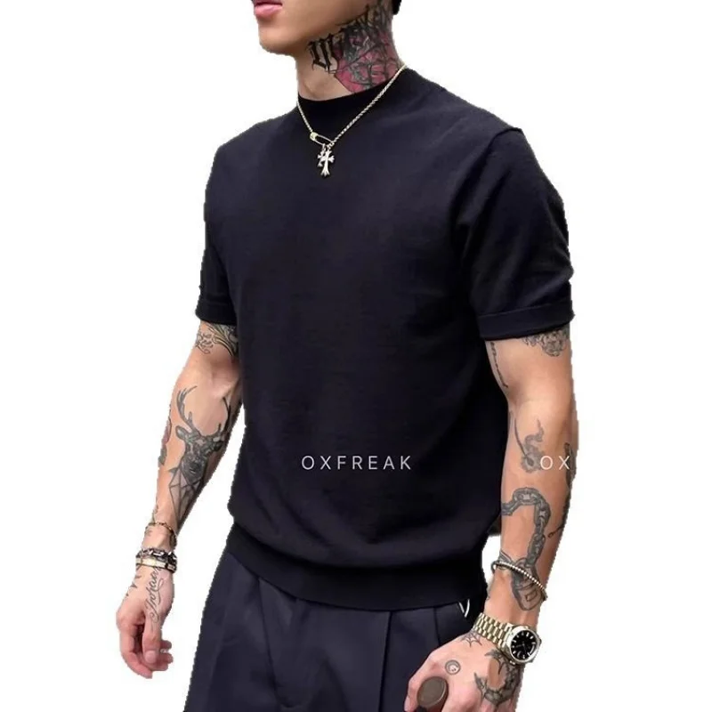 New Wool Knitted Short Sleeve-Shirt Men, Summer Solid Color Round Neck Base Shirt Top Trendy