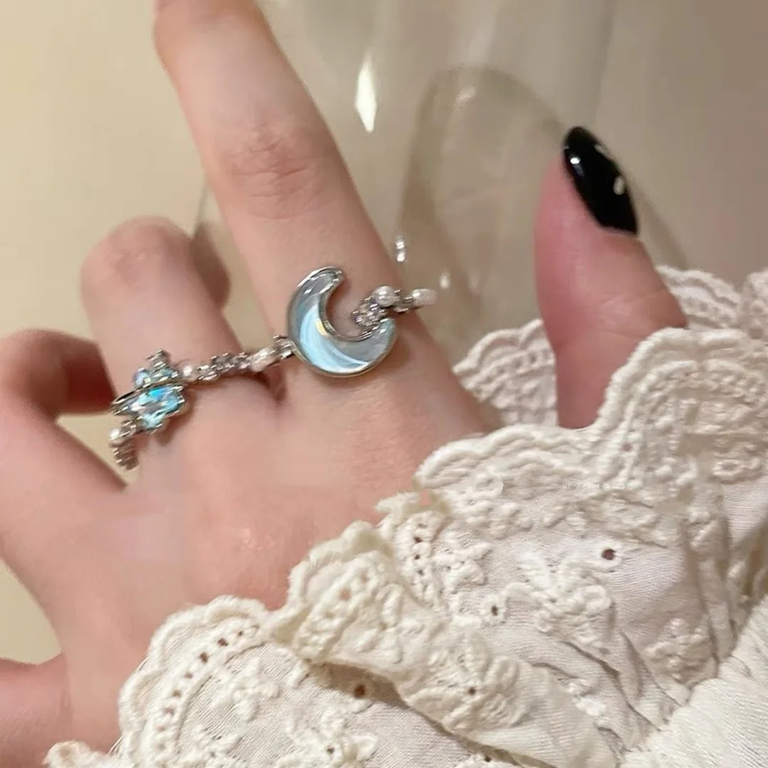 

DUTRIEUX 2025 Trend Blue Planet Star Moon Rings for Women Zircon Rhinestone Pearl Open Finger Ring Sweet Party Y2K Jewelry Gifts