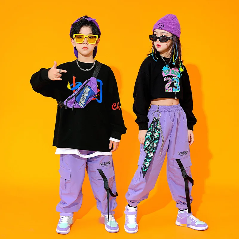 Girls Hip Hop Clothing Black Tops Purple Causal Pants Child Kid Jazz Ballroom Dance Costume Clothes