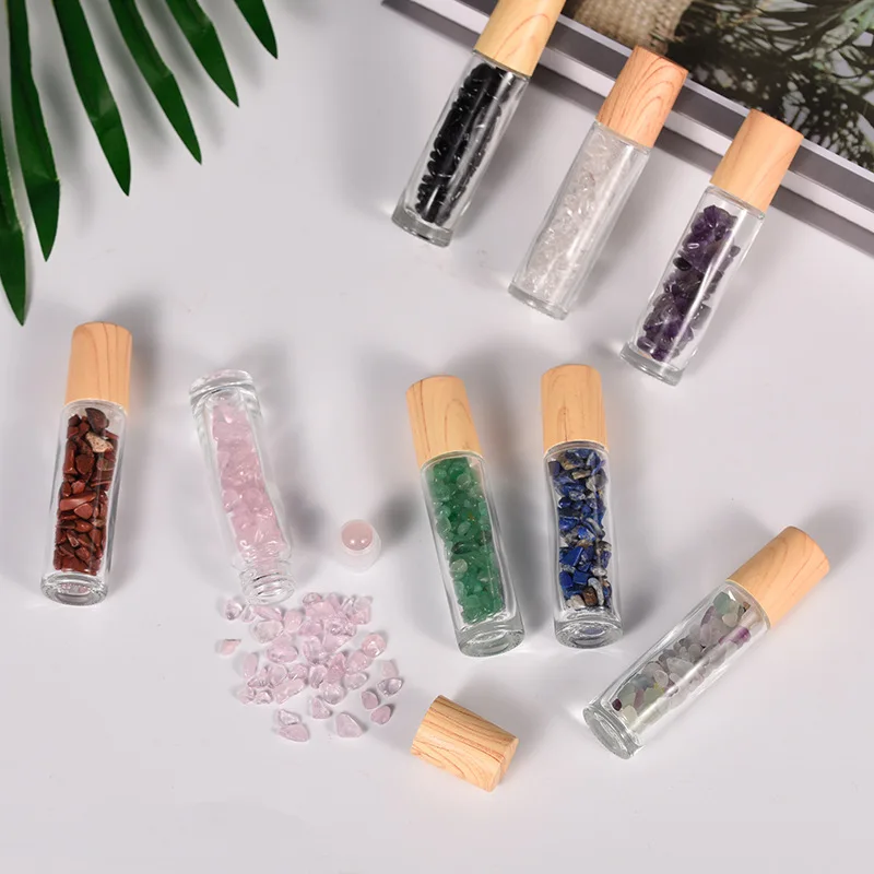 10ml Natural Gemstone Jade Roller Bottle Plastic Wood Grain Lid Refillable Essential Oil Bottle