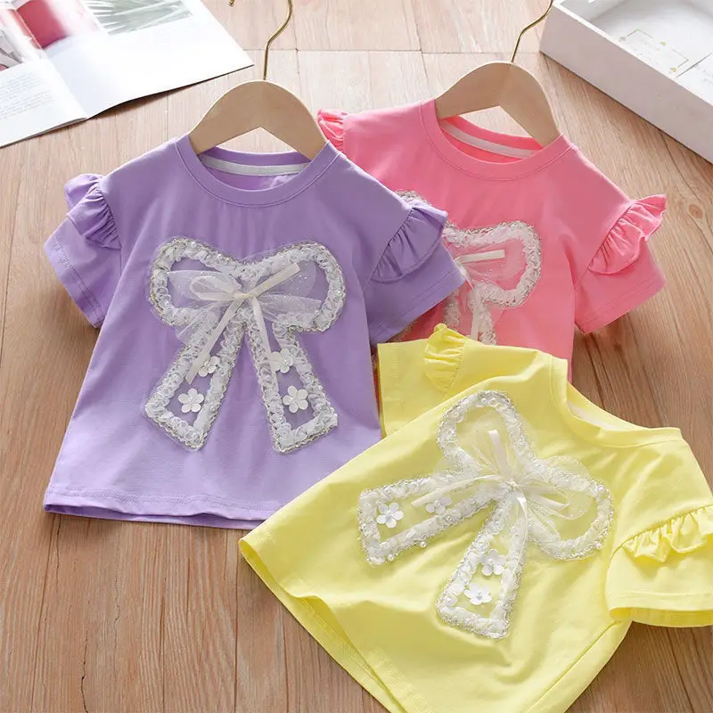 Children's T-Shirts Lace Bow Lace Short Sleeve Top T Shirt for Kids Girl 2 To 7 Years Kids Clothes for Girls T-shirt