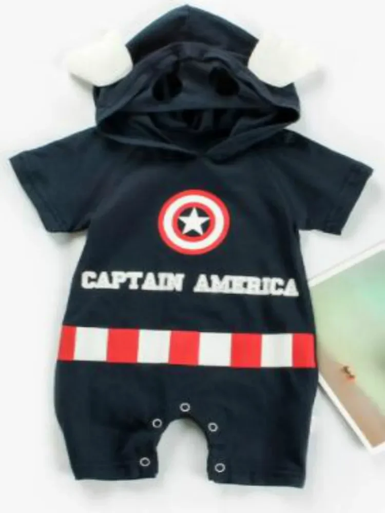 Summer Baby Boys Rompers Cartoon Spiderman Captain America Jumpsuit Short Sleeve Hoodies Bebes Girl Costume Pajamas Kids Clothes