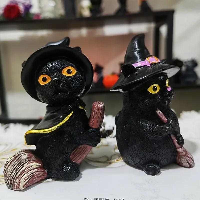 Resin Flying Broom Black Cat Magician Statues Magic Craft Desktop Cute Halloween Home Interior Decoration Accessories