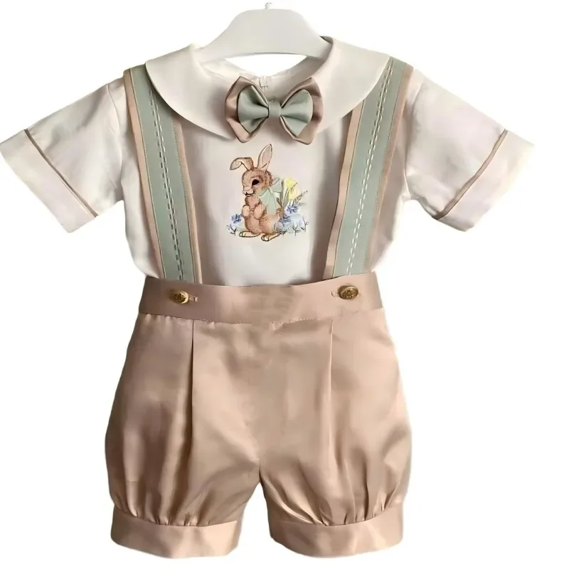

0-6Y Baby Boy Summer Rabbit Embroidery Khaki Outfit Suit for Birthday Photograhpy Holiday Eid Christmas B411