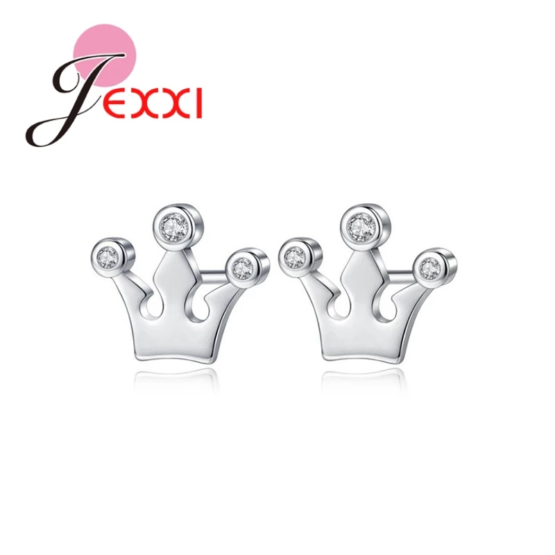 Glamour Vintage Lady 925 Sterling Silver  Pure Zircon Crown Styling Stud Earrings Jewelry Christmas Women