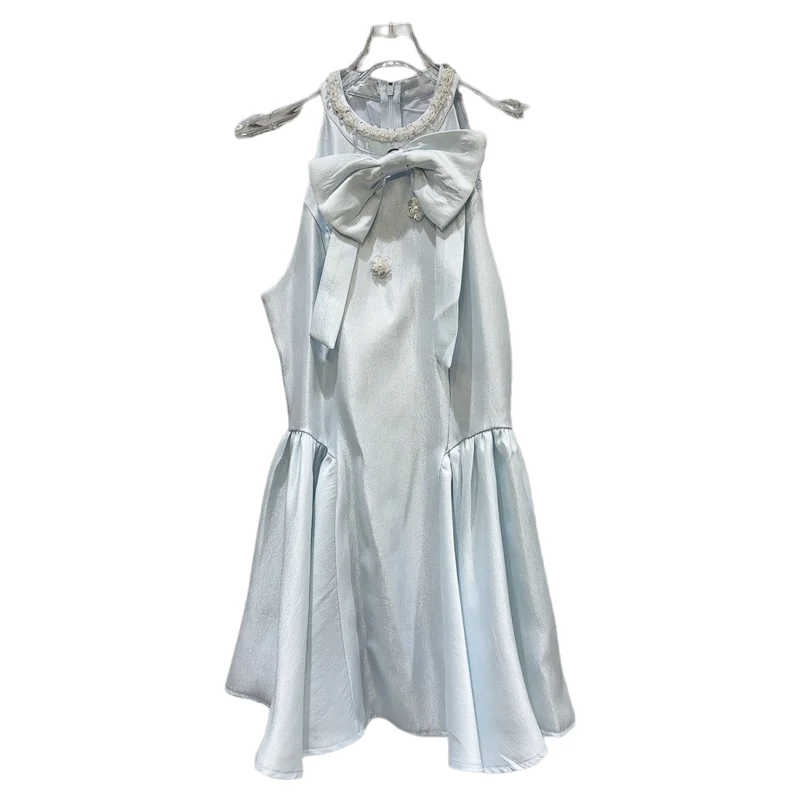 2025년 여름 신상 달콤한 매듭 실크 새틴 비즈 장식 여성용 하이웨이스트 롱 드레스