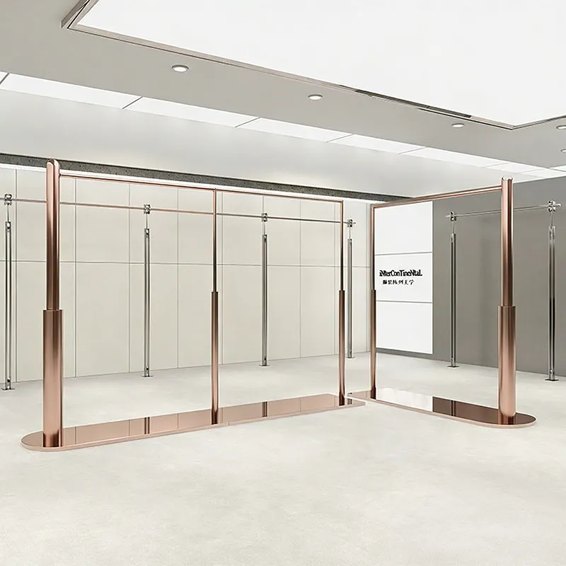 

Стеллаж для демонстрации одежды Nakajima из нержавеющей стали цвета розового золота, специальный демонстрационный стеллаж для мужской одежды.