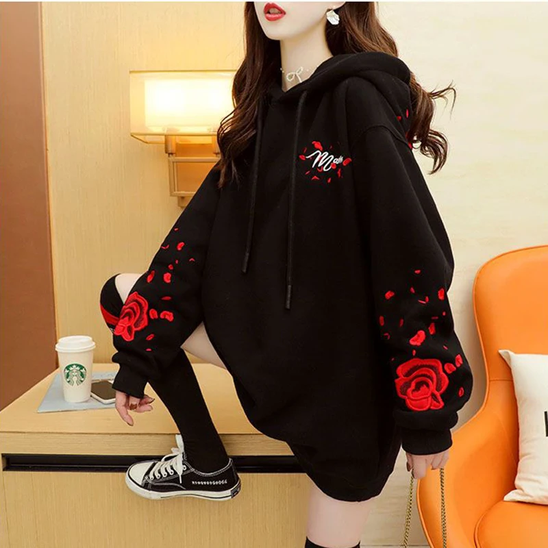 Autumn Embroidery Warm Hoodie Sweatshirt Women New Loose Coat Sweatshirt Outwear Hoodies Tops Clothes Hooded Tops Elegant Female