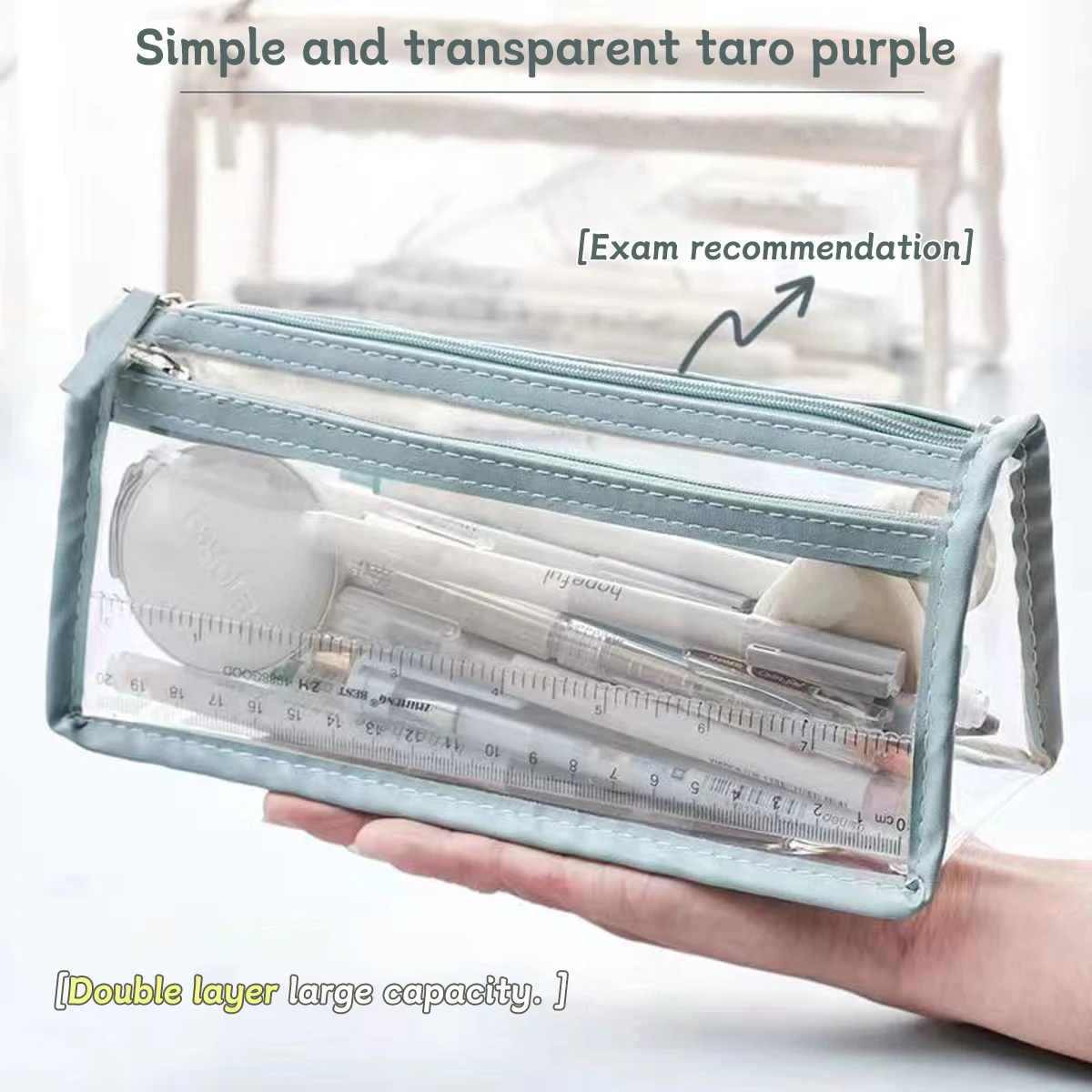 Transparent Double-layer Pencil Case Ins Triangular PVC Zipper Storage Bag Portable Waterproof Stationery School Office Supplies