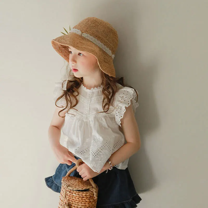 26 Spring Summer Girl Children Kid Lace Doll Shirt 3-10 Years Baby Toddler Top Clothes Flutter Sleeve Sweet Cotton Blouse Outfit
