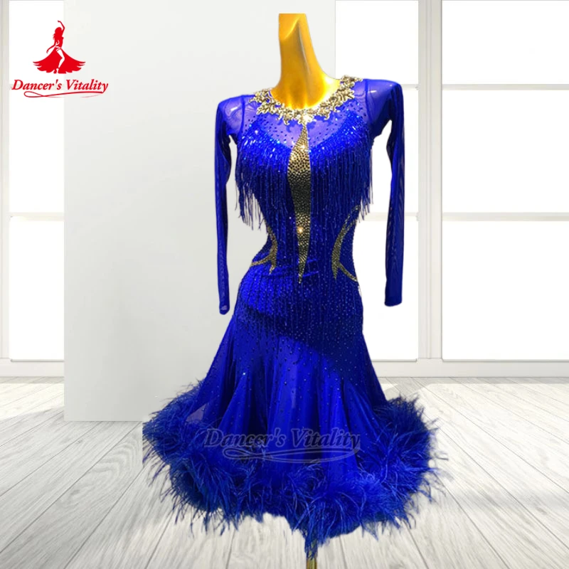Two Colors Matching Chacha Samba AB Stone Long Sleeves Feather Lower Hem Dress Custom Dancer's Vitality Adult Latin Dance Clothe