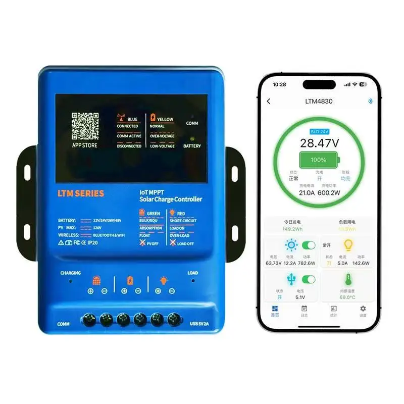 Smart MPPT Solar Charge Controller 30A 40A Automatic 12V 24V 36V 48V with APP Remote WiFi Bluetooth RS485 120V PV Compatible for