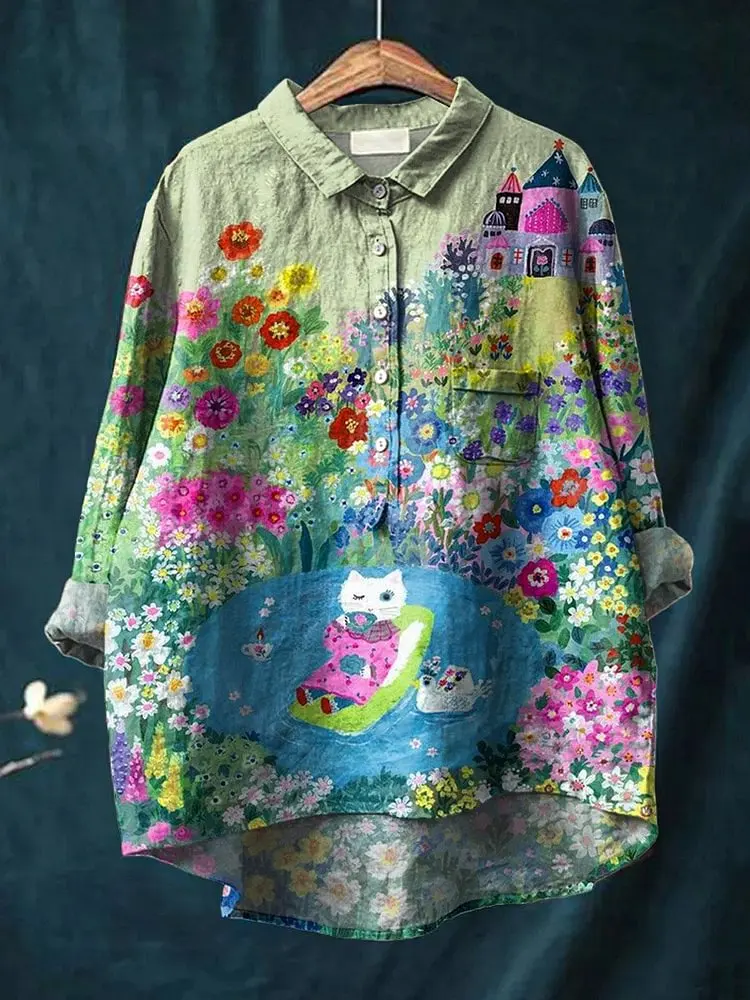 Vintage Cat Flower Art Pattern 3D Printed Fashion Women's Lapel Long Sleeve Pocket Shirt Spring Casual open tube shirt KT-22