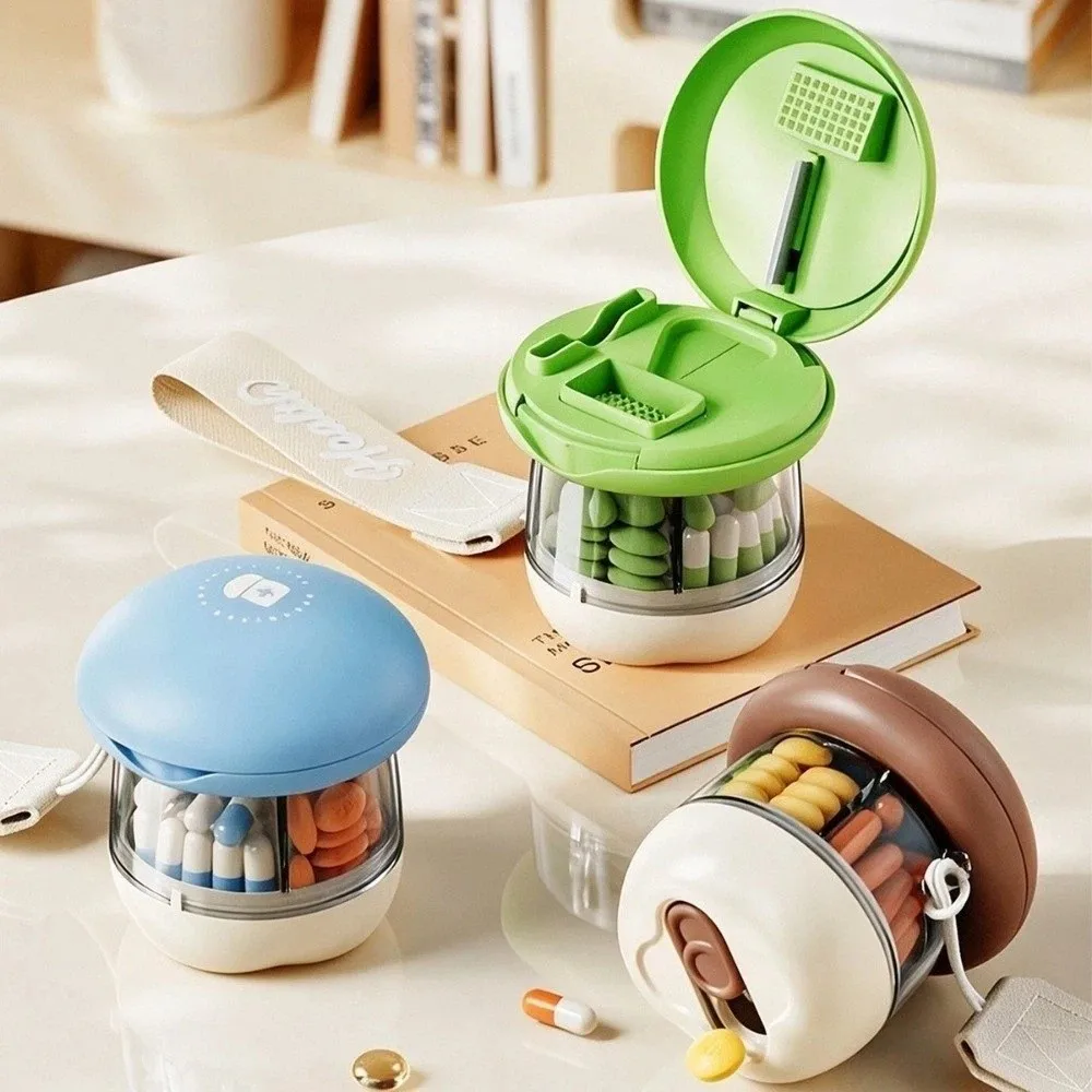 Waterproof Plastic 4 Grids Pill Box Sealed Dust-proof Mini Pill Storage Box Moisture Proof Rotating Pill Cutter Box Office