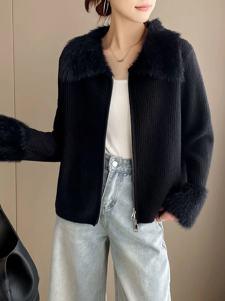 เสื้อสเวตเตอร์ถักแบบมีซิป ปกพับได้ ตัดต่อผ้าถัก สไตล์ลำลองสำหรับผู้หญิง เสื้อคลุมคาร์ดิแกนทรงหลวม แฟชั่นเสื้อถักแขนยาวแบบสั้นและยาว เสื้อกั๊กถัก