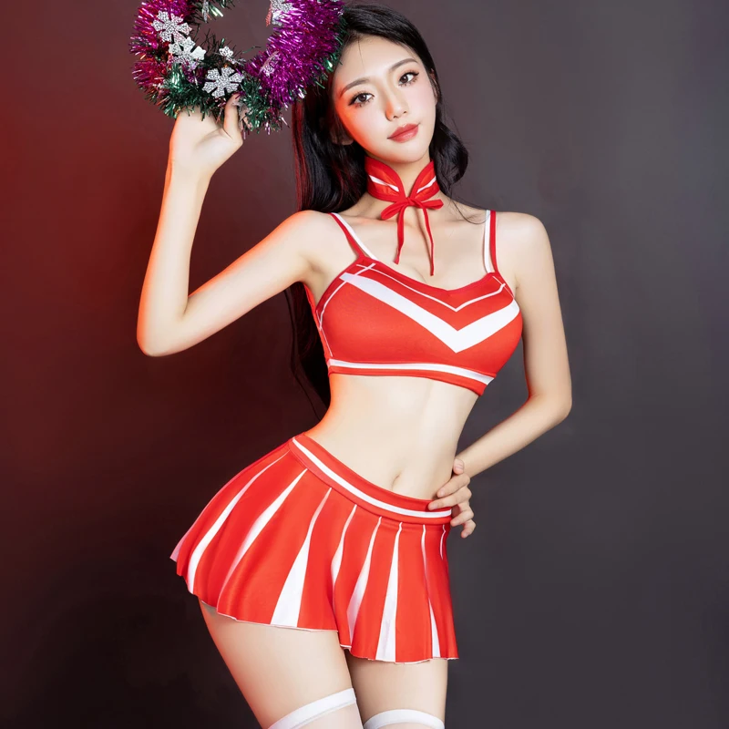 Sexy Cheerleading Team Uniform Sweet Girl Set Deep V Sling Tank Top Low Rise Elastic Flare Mini Skirt Erotic Lingerie Women