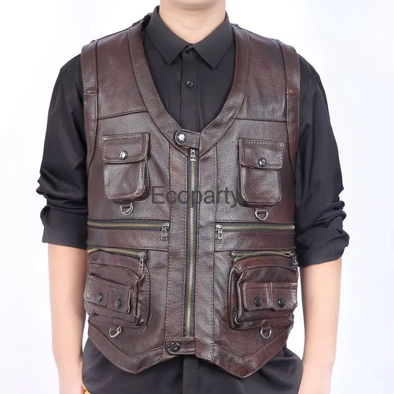 2024 Autumn Winter Leather Vest Men\'s Zipper Waistcoat Steampunk Sleeveless Motorcycle Jackets Casual Multiple Pockets Coat