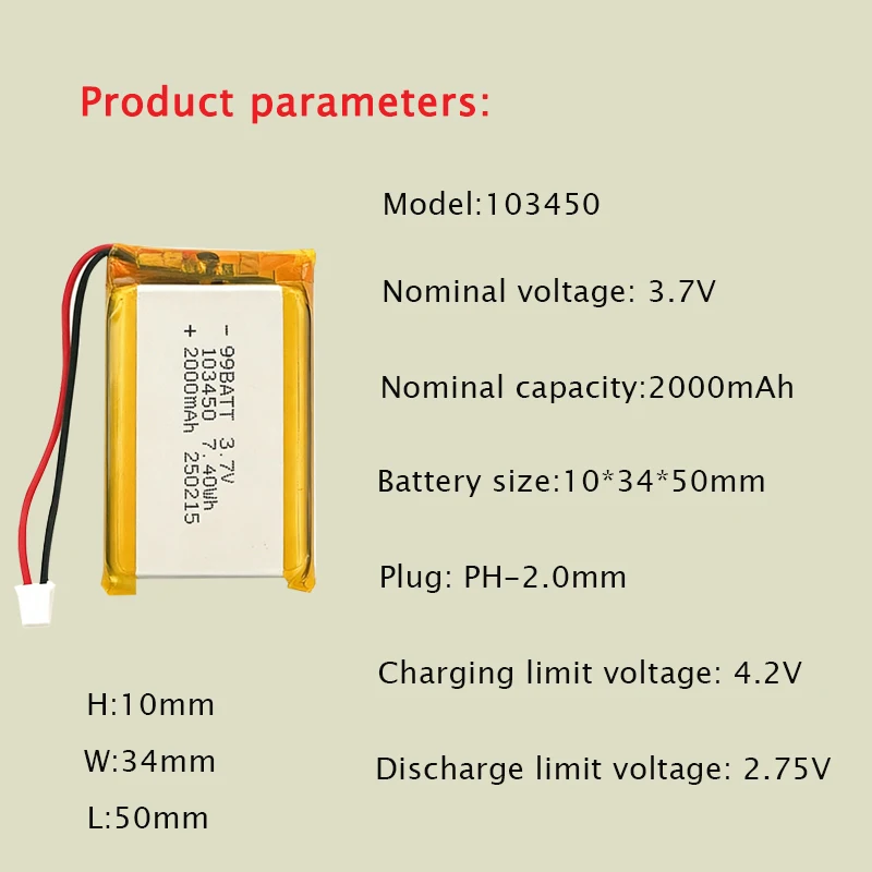 103450 3.7V 2000mAh Polymer Lithium Rechargeable Battery JstPH 2.0mm 2pin Plug for MP5 Bluetooth Headset GPS Navigator LED Light