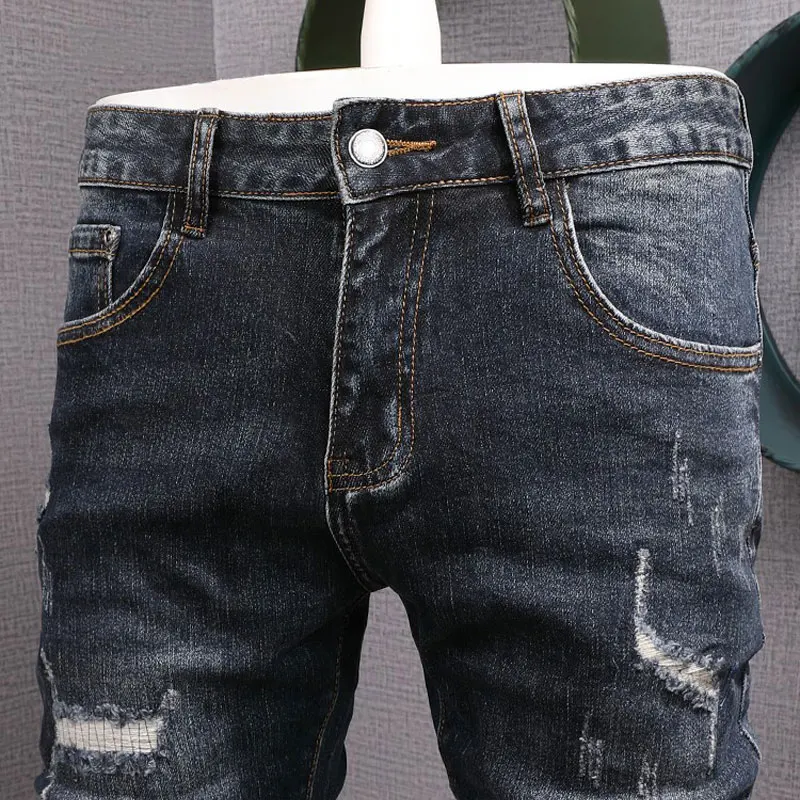 High Street Fashion Men Jeans Retro Dark Blue Stretch Skinny Fit Ripped Jeans Men Vintage Designer Denim Pencil Pants Hombre
