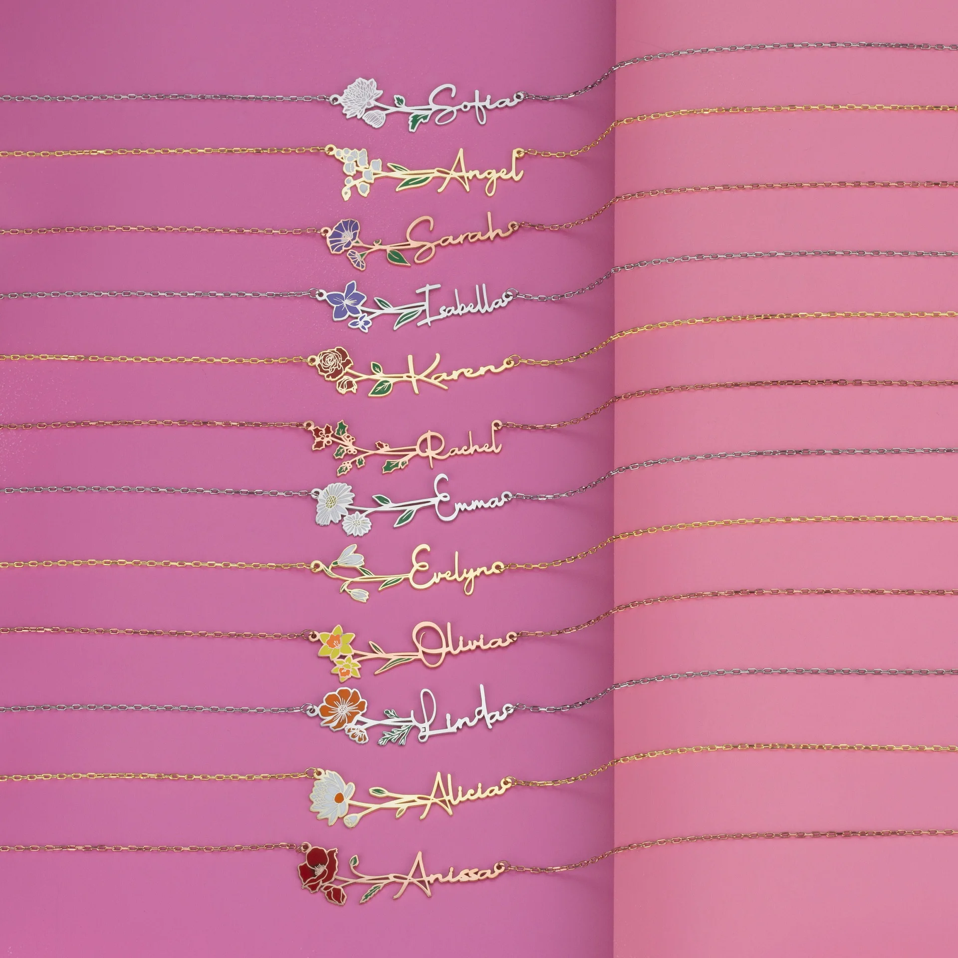 2023custom Name Birth Flower Necklace With Birthstone Colorful Enamel Handwriting Signature Personalized Nameplate Jewelry Gifts