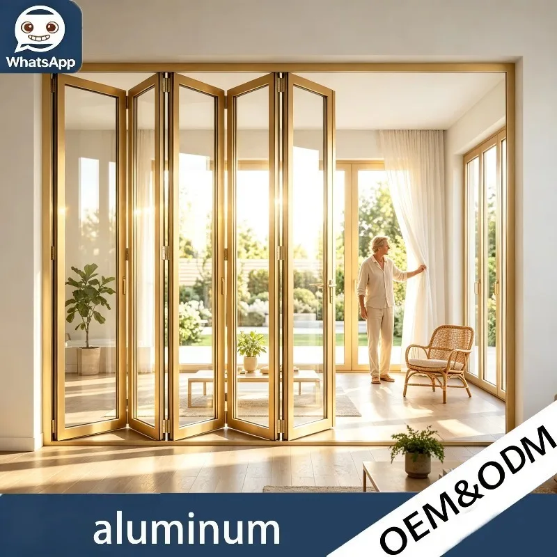 Custom Modern Horizontal Curved Folding Terrace Sliding Double Tempered Glass Aluminum Door Fiberglass Foldable Patio Door