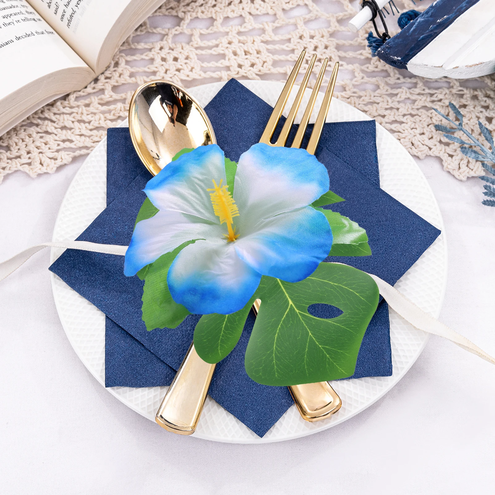 48 Stück künstliche Palmblatt-Blumenköpfe, gefälschtes Blatt, hawaiianischer Dschungel, Strand, Thema, Geburtstagsfeier, Esstisch, Hochzeitsdekoration – Detail 4