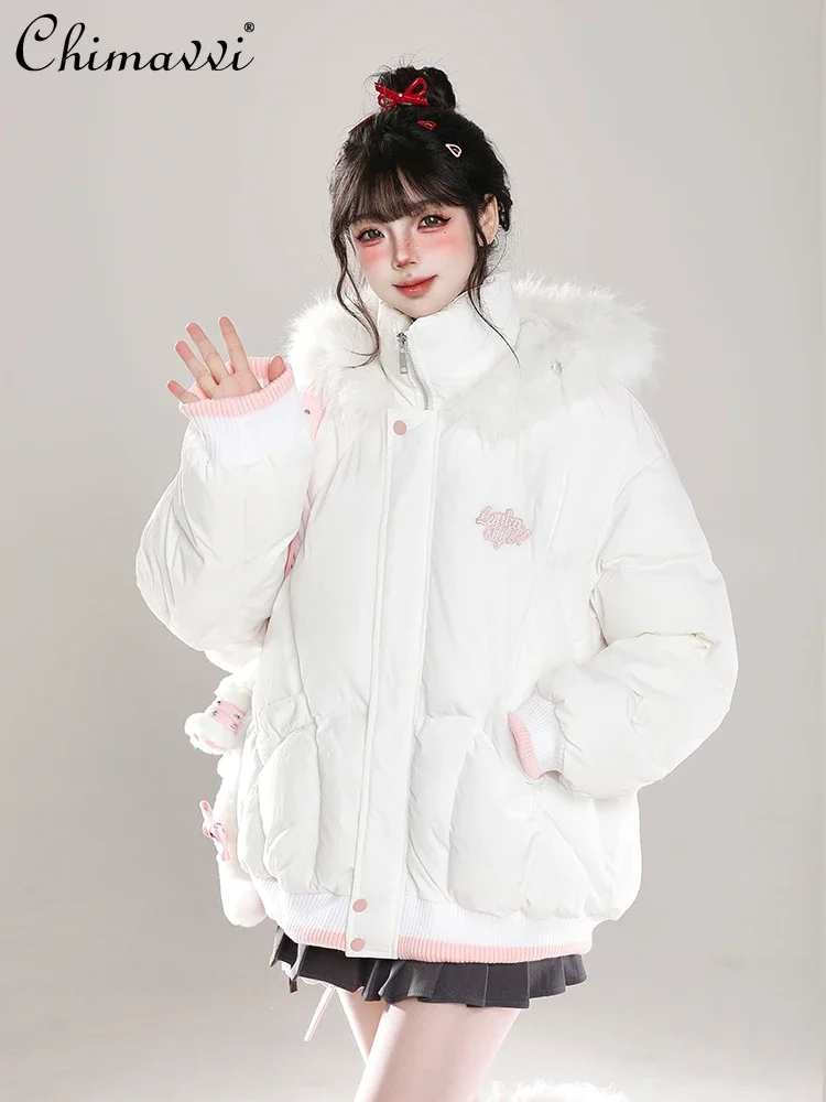 Sweet Fur Collar Hooded Padded Jacket Women's Winter New High-end Fashion Versatile Thickened Warm Kawaii Girl Y2k Jacket Coat