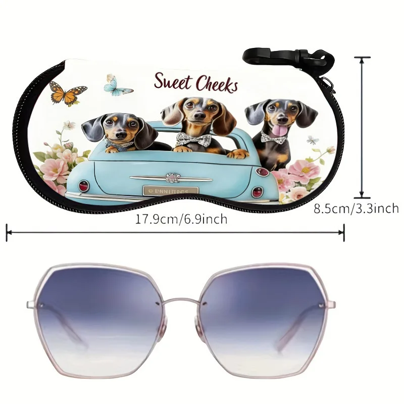 Cute Black Cat Dog Print Eyewear Case Portable Sunglasses Protector Bag with Keychain Hook Soft Leather Eyewear Box Pouch Gift