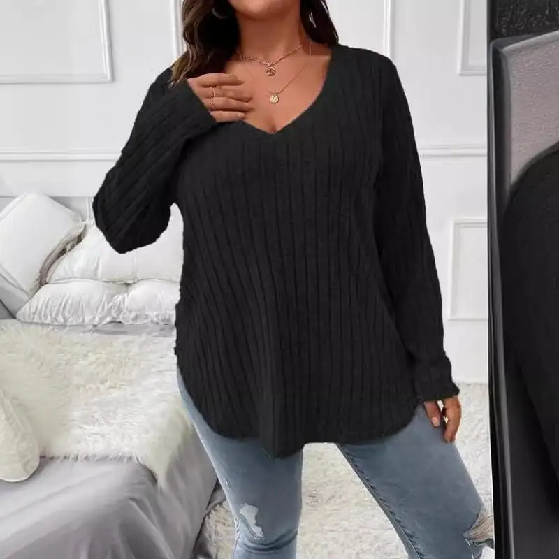 Women\'s Plus Size Clothing Long Sleeve T-shirt Casual Fashion V Neck Striped Pullover Tops Ladies Solid Loose T Shirts 1XL-5XL