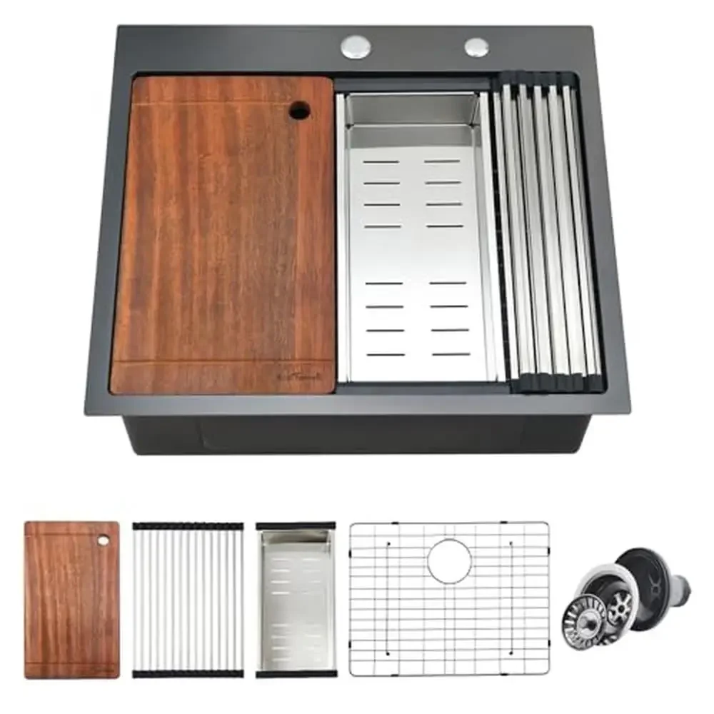 

Вставная кухонная мойка, 16-метровая бронзовая черная одинарная чаша из нержавеющей стали с аксессуарами, разделочная доска, дуршлаг, сушилка