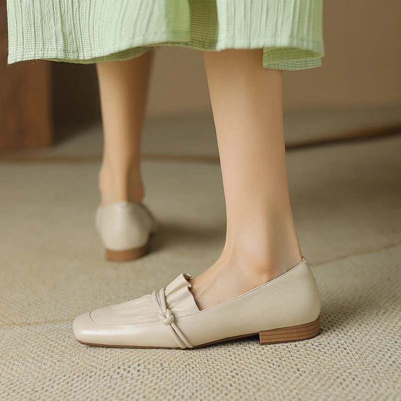 

Cow Leather Square Toe Women Flats Casual Loafers Women Shoe Without Heel 2025 New Spring Autumn Woman Shoes Simple White Shoes