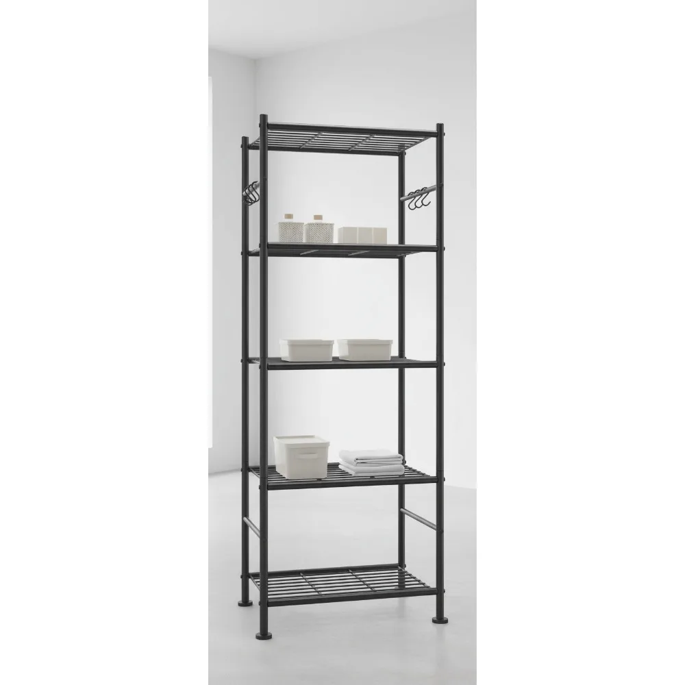 

5-Tier Heavy-Duty Storage Shelf with Hooks, Wobble-Free Garage Organizer for Home & Office, 18.1x12.4x56.8 Inches, Black
