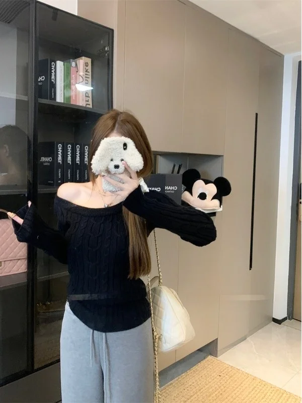 سترة محبوكة بدون أكتاف للنساء بقصة ضيقة وقاعدة كتف irt العصرية Ci Walk الكورية Sle طويلة Sve متماسكة...