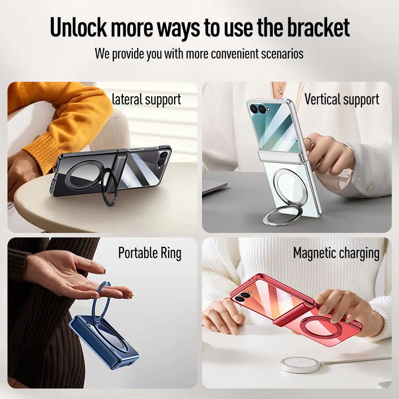 For Samsung Galaxy Z Flip 7 Magsafe Case Electroplating Clear Hinge Magnetic Rotating Ring Holder With Screen Protect Film Cover