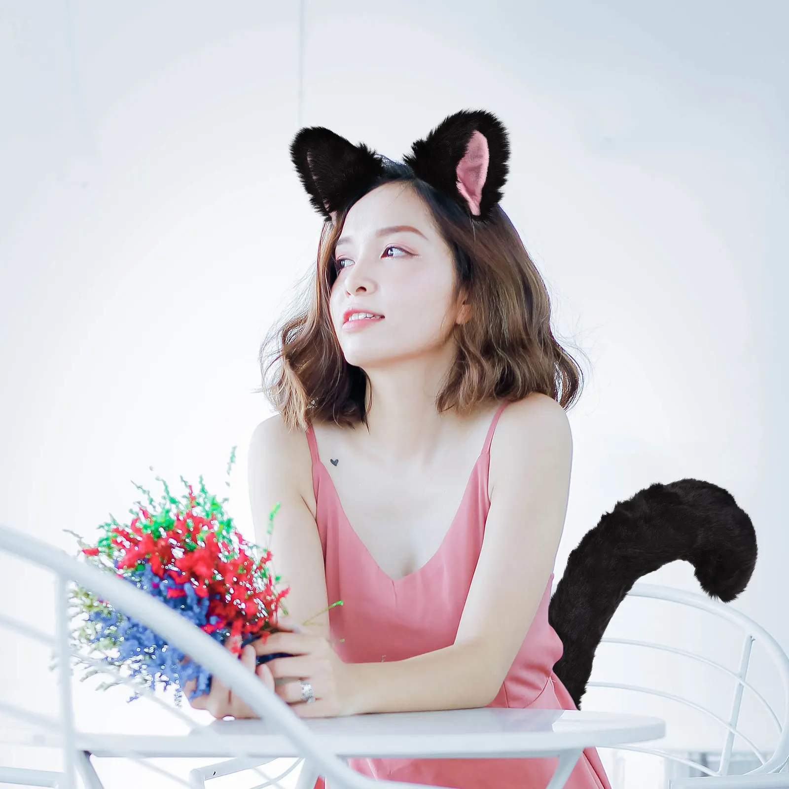 

Fox Ears Headdress Black Animal Costumes Tail Hair Hoop Headbands Rabbit Women Headwear Party Prop Carnival Costume Stage